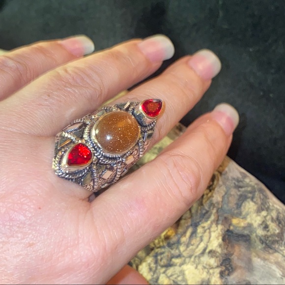 Sunstone + Red Quartz handcrafted Renaissance ring